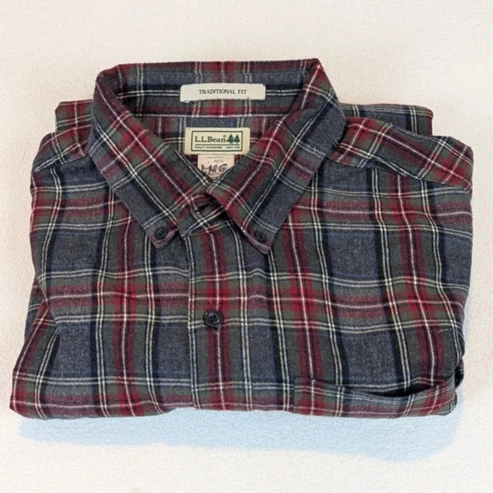 LL Bean Traditional Fit Plaid Flannel Button‎ Down Shirt Men Red Green Gray Work